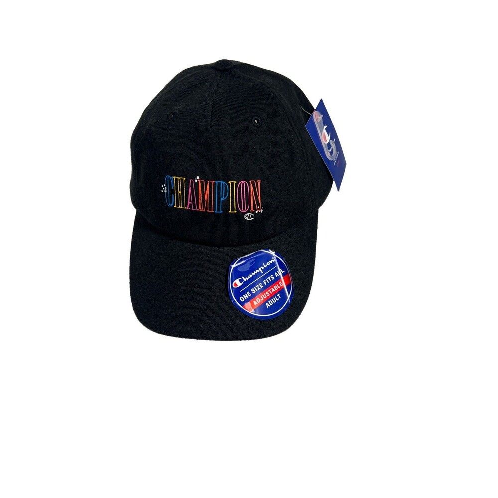Champion Hat Cap Strap Back Black Rainbow Embroidered Mens One Size Cotton NWT